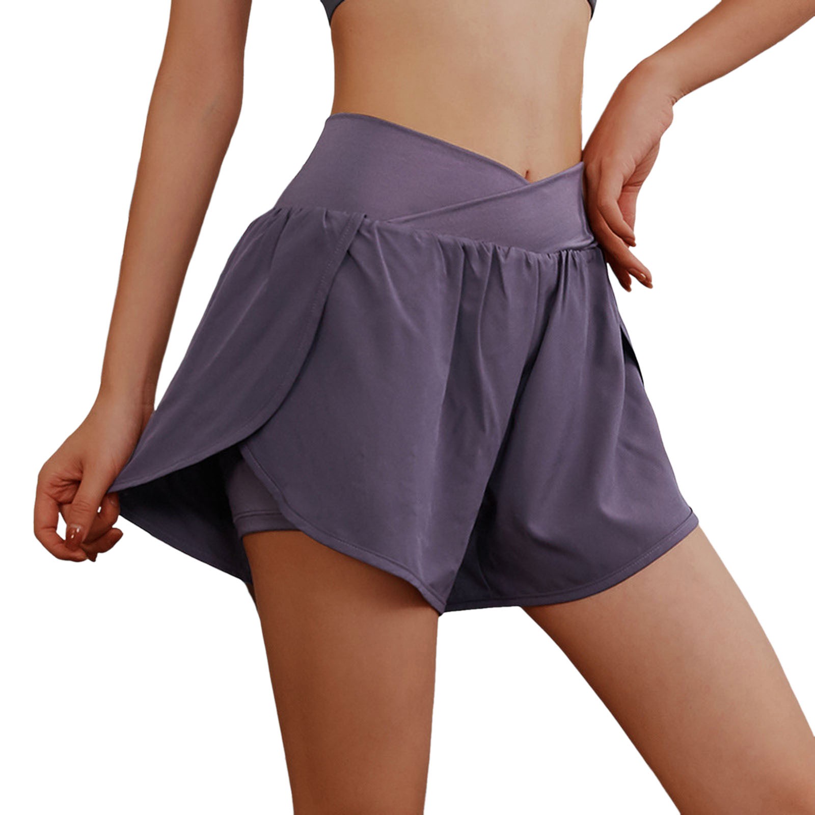 thumbnail image 1 of Pantalones cortos deportivos de entrenamiento para mujer - Cintura alta, doble capa con braguita interior, abertura lateral, bolsillos con cremallera, nailon y spandex, tallas S-XXL, 1 of 4